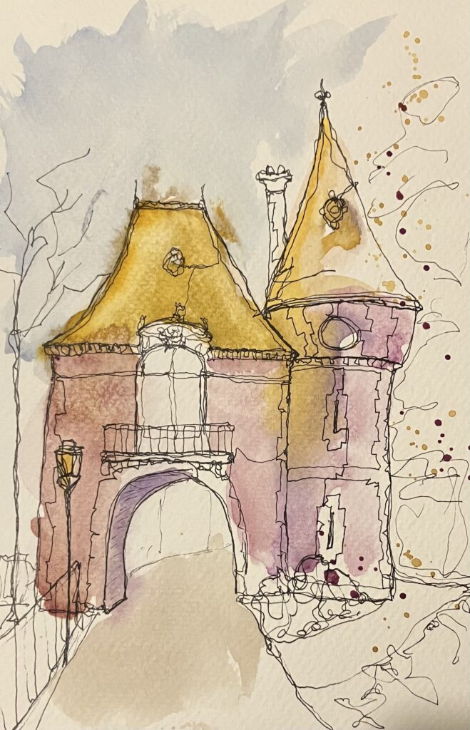 Ink and wash sketch of a medieval-type gatehouse