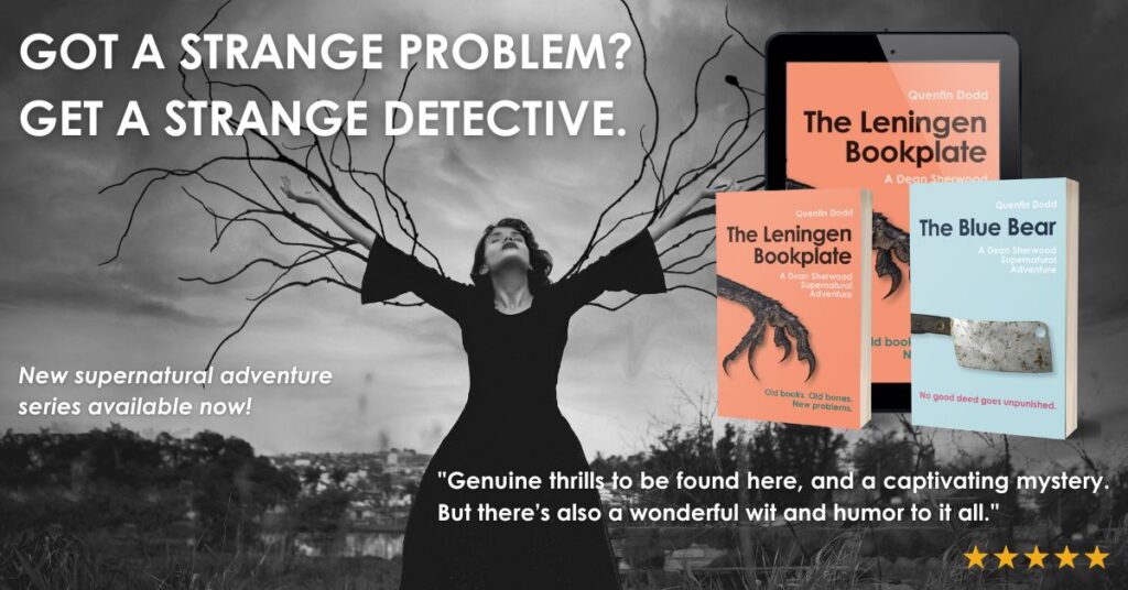 Banner image - Ghostly woman and Dean Sherwood books. Tagline: "Got a strange problem? Get a strange detective."