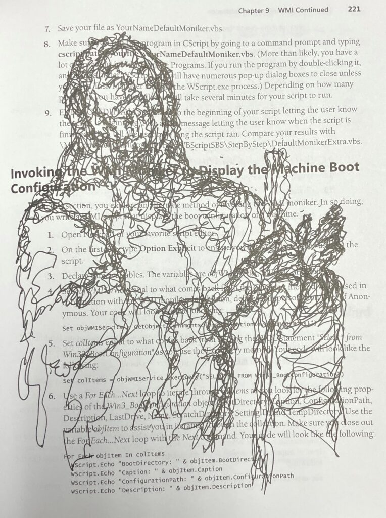 Scribble drawing of a saint, on a page of a computer manual