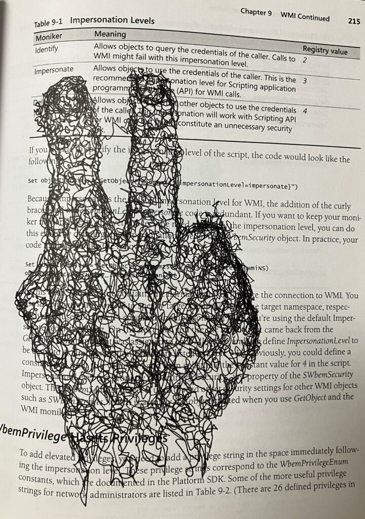 Scribble drawing of a hand, on a page of a programming textbook