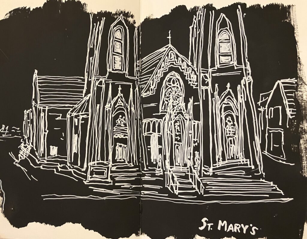White-on-black drawing of a cathedral 