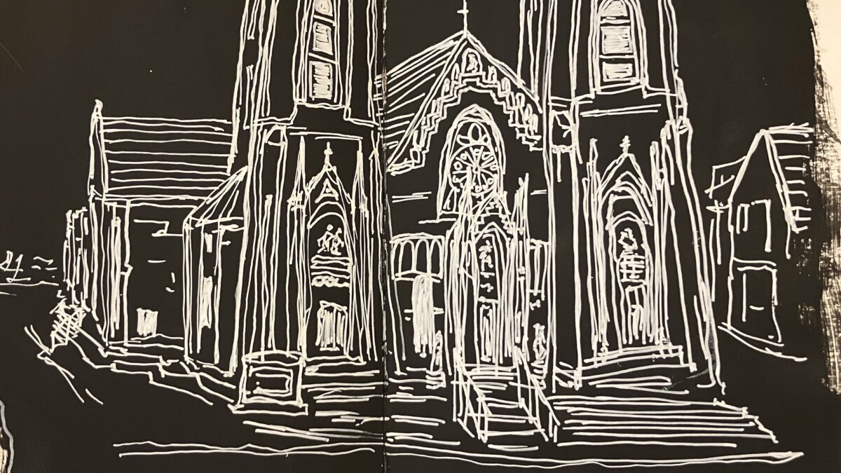 White-on-black drawing of a cathedral