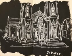 White-on-black drawing of a cathedral